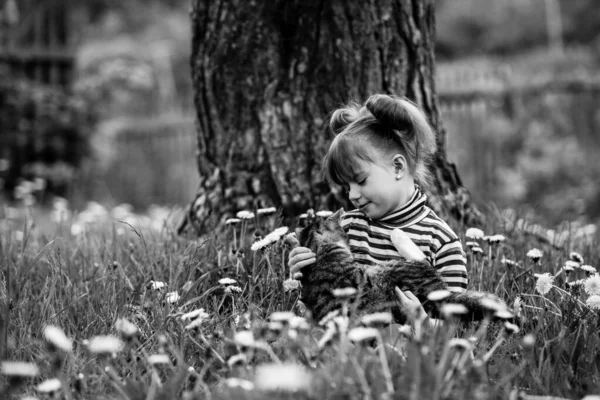 Niña Jugando Con Gato Aire Libre Foto Blanco Negro —  Fotos de Stock