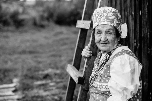 Portrait Old Woman Ethnic Clothes Karelia Russia Black White Photo — Stock Photo, Image