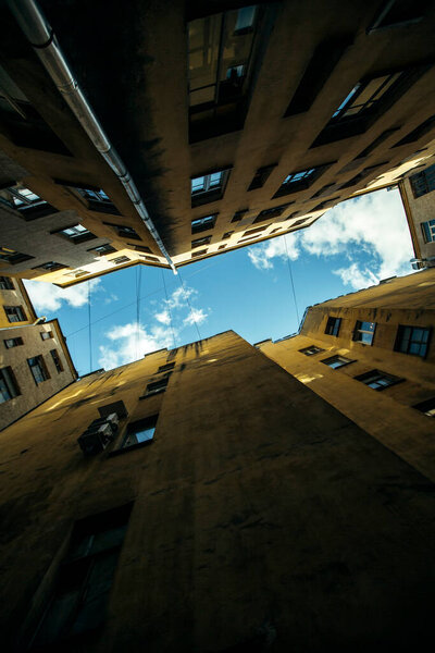 Bottom view of the typical courtyard in Saint Petersburg, Russia.