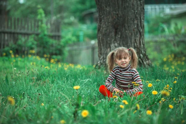 5歳の少女が緑の草の上に座っている — ストック写真