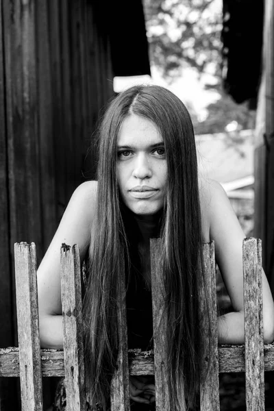 Young Woman Long Hair Outdoors Village Black White Photo — Stock Photo, Image