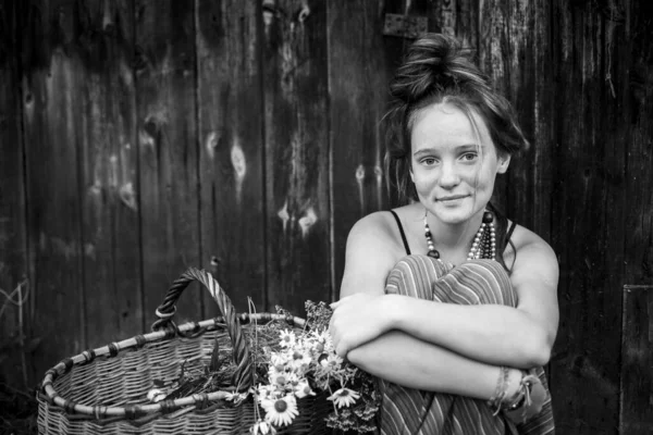 Cute Country Girl Sitting Village Outdoors Black White Photo — Stock Photo, Image