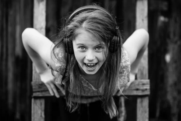 Portrait Expressive Little Girl Enjoys Music Headphones Black White Photo — Stock Photo, Image