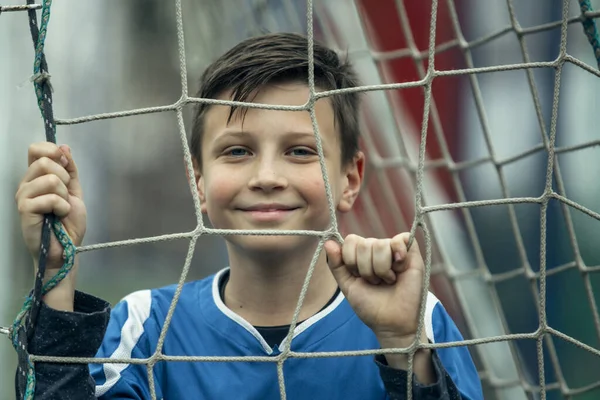 Portrait Player Boy Gate Football Field — Stock Photo, Image