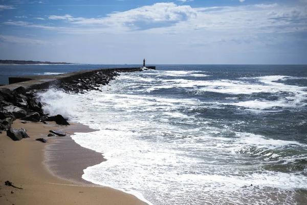 View Atlantic Ocean Vila Conde North Jetty Lighthouse Portugal — Stock Photo, Image