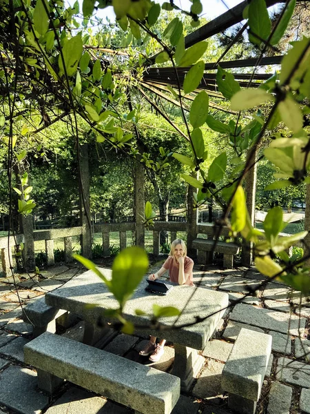 Een Vrouw Met Een Laptop Zit Een Tuinhuisje Het Park — Stockfoto