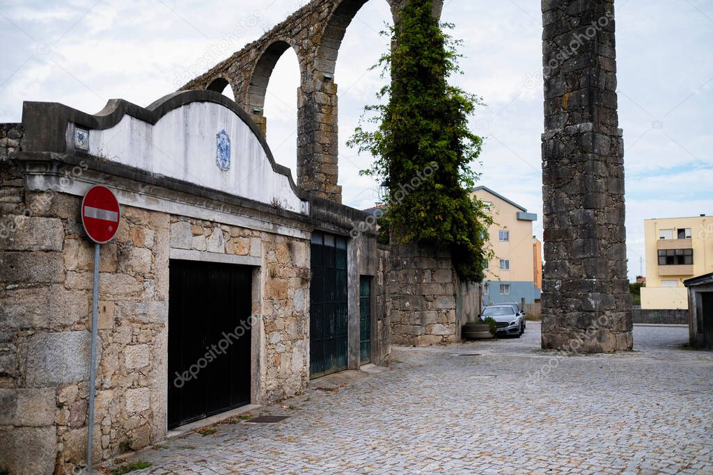 View of the Santa Clara Aqueduct in Vila do Conde, Porto, Portugal.