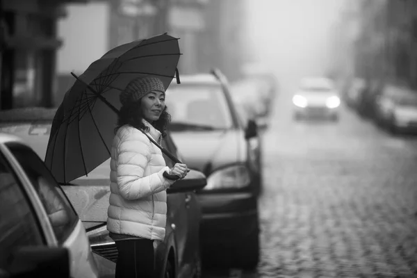 Woman Stands Street Cloudy Weather Black White Photo Stock Image