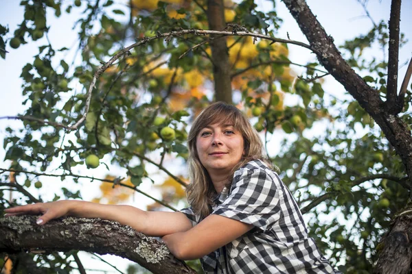 Νεαρή γυναίκα σε ένα δέντρο — Φωτογραφία Αρχείου
