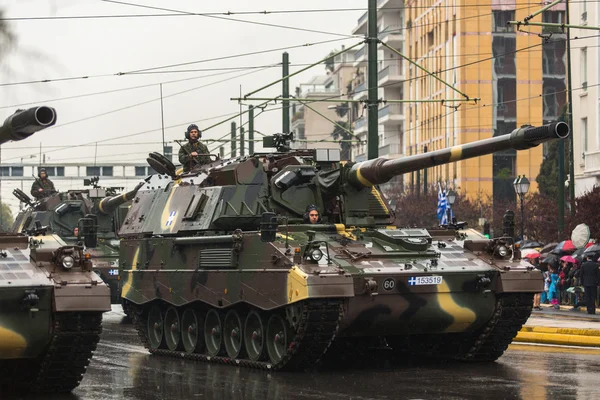 Participants and military equipment during Military parade — Stock Photo, Image