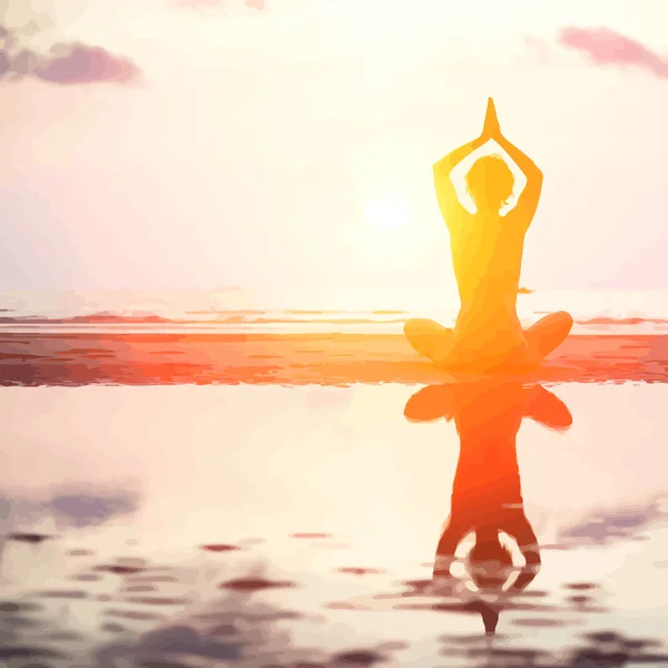 Silhouette de yoga femme sur le coucher de soleil de mer — Image vectorielle