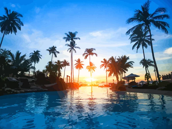 Belo pôr do sol em um resort de praia em trópicos — Vetor de Stock