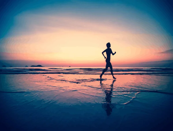 Silueta de una mujer trotando en la playa al atardecer . — Archivo Imágenes Vectoriales