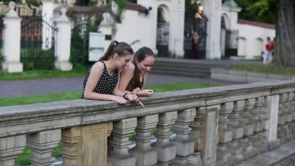 Two cute teen girlfriends talking — Stock Video