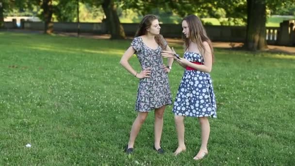 Две молодые девушки разговаривают на улице — стоковое видео