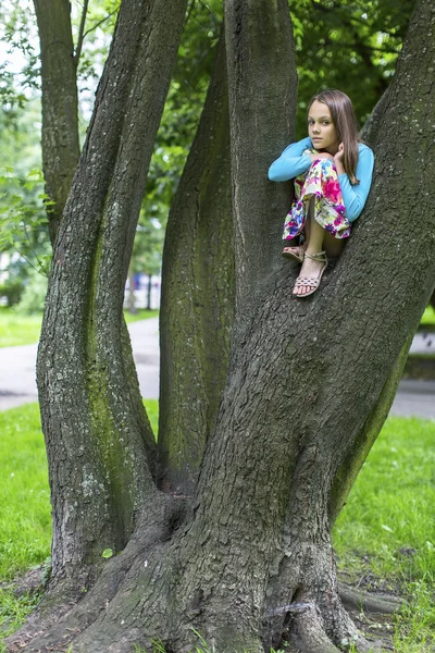 Little girl sitting on tree — Stock Photo, Image