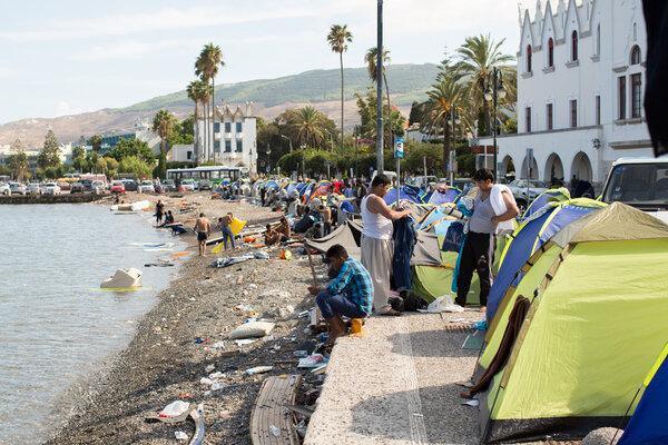 Tents war refugees in the port of Kos