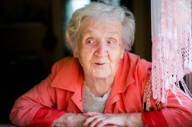 Dantel perdeli bir pencerenin kenarına yaslanmış yaşlı bir kadının renkli portresi ifade edici yüzünü ve sıcak mercan ceketini sıcak bir evin içinde aydınlatan yumuşak bir gün ışığı..