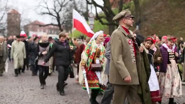 Participantes celebrando el Día Nacional de la Independencia una República de Polonia — Vídeo de stock