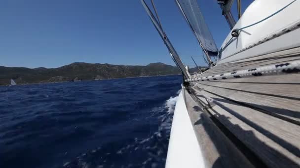 Plachetnice, jachty s bílými plachtami v moři. — Stock video