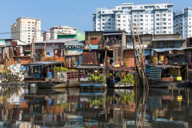 Floating market with reflection in water