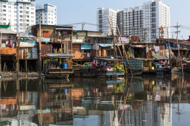 Floating market with reflection in water