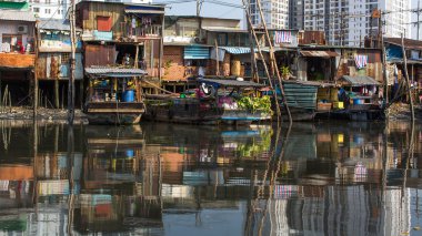 Floating market with reflection in water