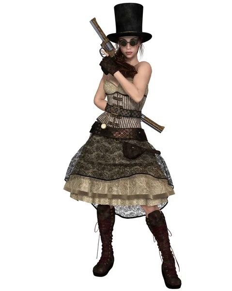 Steampunk Woman with Stovepipe Hat and Two Revolvers — Stock Photo, Image