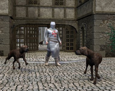 Templar Knight and Guard Dogs at a Castle Gate clipart