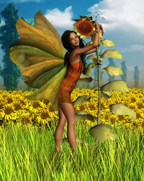 Dunkle Sonnenblumenfee mit sommerlichem Hintergrund — Stockfoto