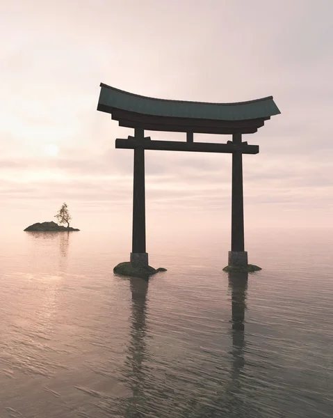Puerta Torii flotante japonesa en un santuario sintoísta, noche —  Fotos de Stock