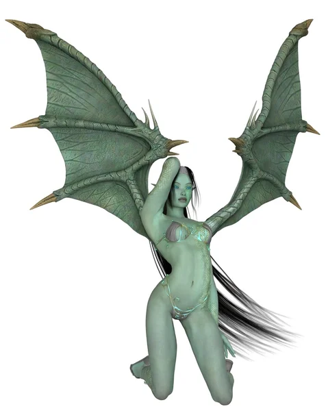 Mujer Dragón Verde Arrodillándose — Foto de Stock