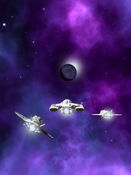Fleet of Spaceships Approaching a Planetary Nebula