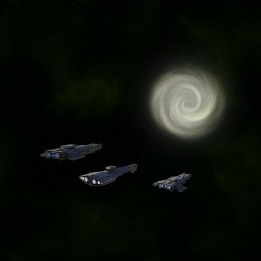 Uzay gemisi savaş kruvazörü filosu bir solucan deliğine yaklaşıyor. 3D dijital olarak bilim kurgu illüstrasyonu oluşturuldu.