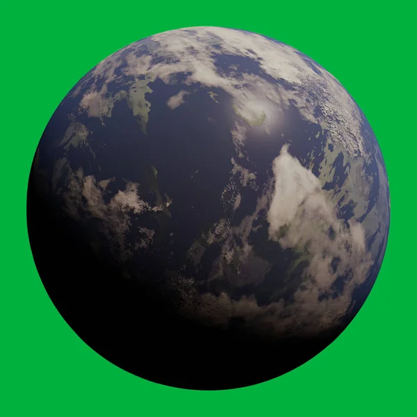 绿色屏幕背景上的蓝色外星行星 3D数字渲染的科幻图解 — 图库照片