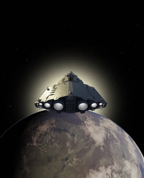 Light Spaceship Battle Cruiser Aproximando Planeta Azul Para Nascer Sol — Fotografia de Stock