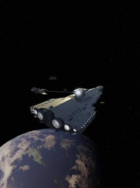 軽宇宙船バトルクルーザーでの戦闘機攻撃 3DデジタルレンダリングSfイラスト — ストック写真