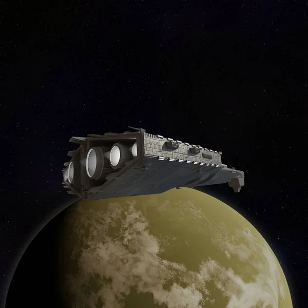 Light Spaceship Battle Cruiser Podróżowanie Przeszłości Green Planet Cyfrowo Renderowane — Zdjęcie stockowe