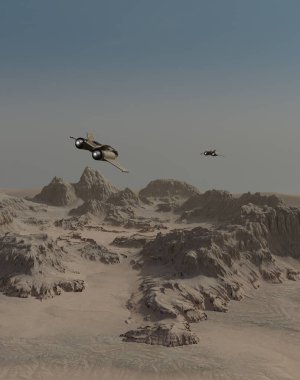Tek Koltuklu Yıldız Savaşçıları Uzay Gemileri Çölün Üzerinde Uçuyor, 3D dijital olarak bilim kurgu illüstrasyonu