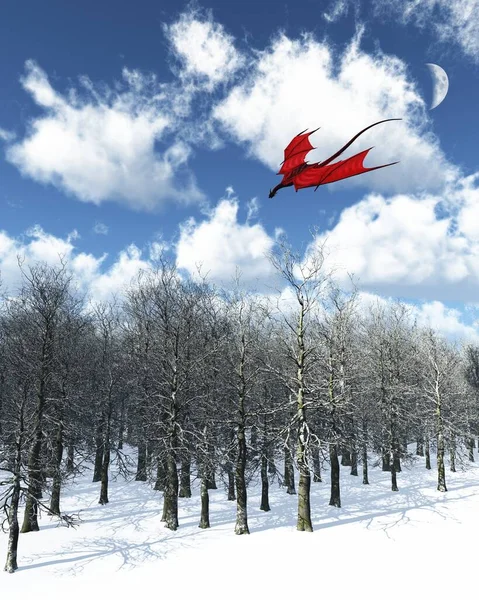 Dragon Rouge Survolant Une Forêt Enneigée Hiver Illustration Numérisée — Photo