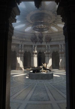 Büyük Salon Avlusundaki Ejderha Heykeli, dijital olarak hazırlanmış fantezi illüstrasyonu