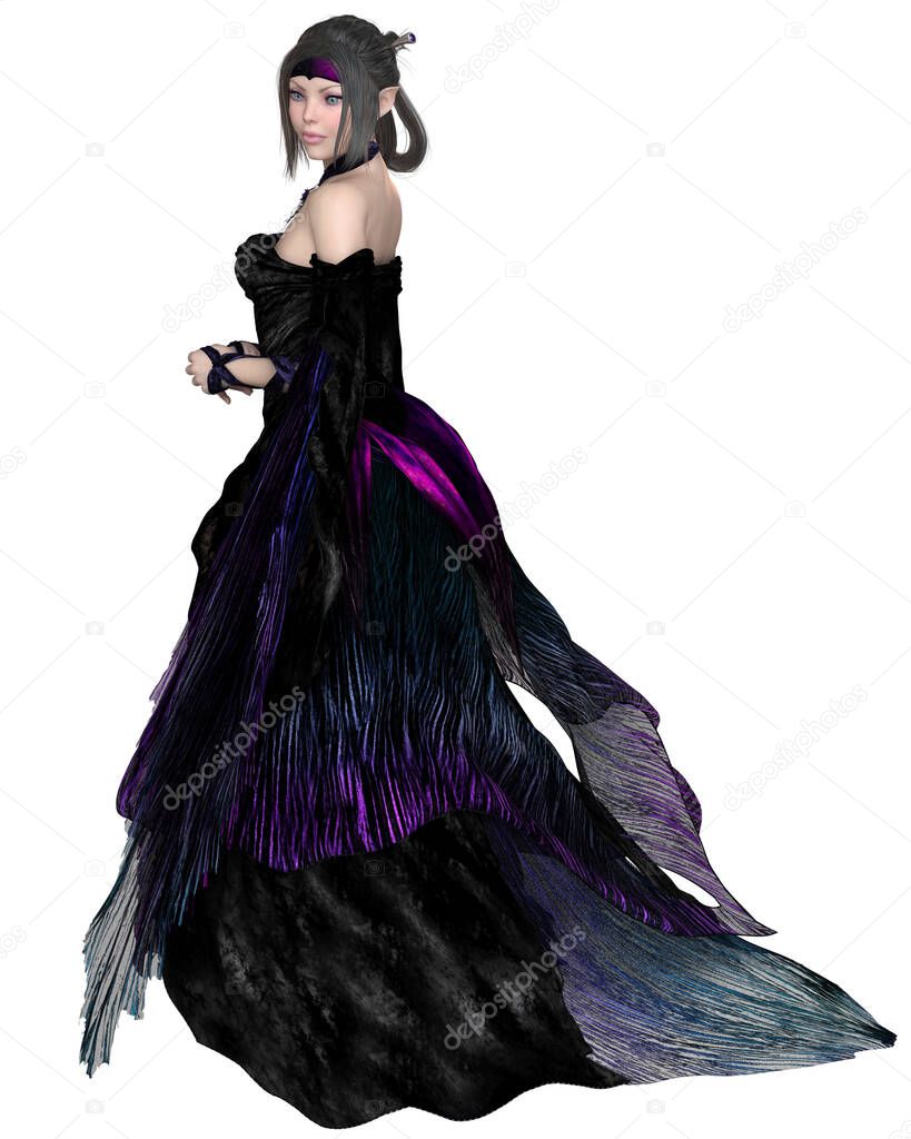 Elven Princess in Purple Dress, Side View, 3d digitally rendered fantasy illustration