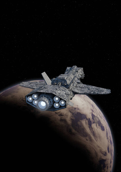 Deep Space Gunship Entering Orbit, 3d digitally rendered science fiction illustration