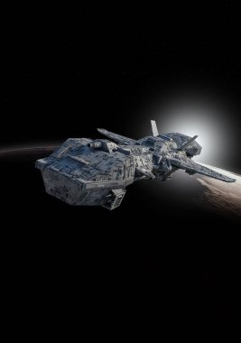 Deep Space Gunship Leaving Planetary Orbit, 3d digitally rendered science fiction illustration clipart