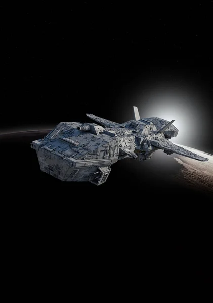 Deep Space Gunship Leaving Planetary Orbit Digitally Rendered Science Fiction — 스톡 사진