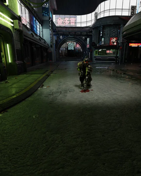 未来の兵士夜の街を追跡し 3DデジタルレンダリングSfイラスト — ストック写真