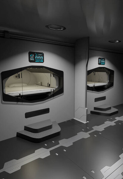 Hibernation Sleeping Capsules or Medical Isolation Units, 3d digitally rendered science fiction illustration