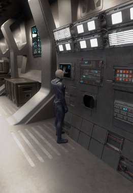 Bilim-Kurgu Uzay Gemisi veya Uzay İstasyonu Güvenlik Kontrol Noktası, 3D dijital bilim kurgu illüstrasyonu