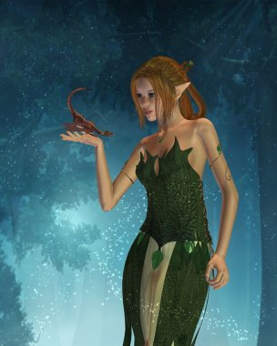 Elf Woman and Pet Dragon with Woodland Background clipart