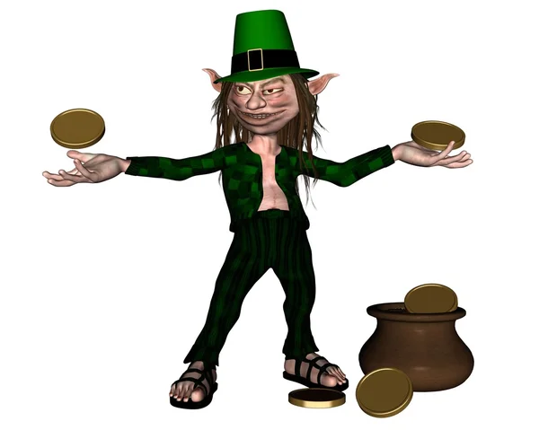 Irish Leprechaun with coins and a pot of gold — Stock Photo, Image